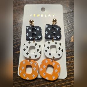 Ghost Print BOO Word Dangle Boutique Earrings Post Backs Halloween Fall NEW